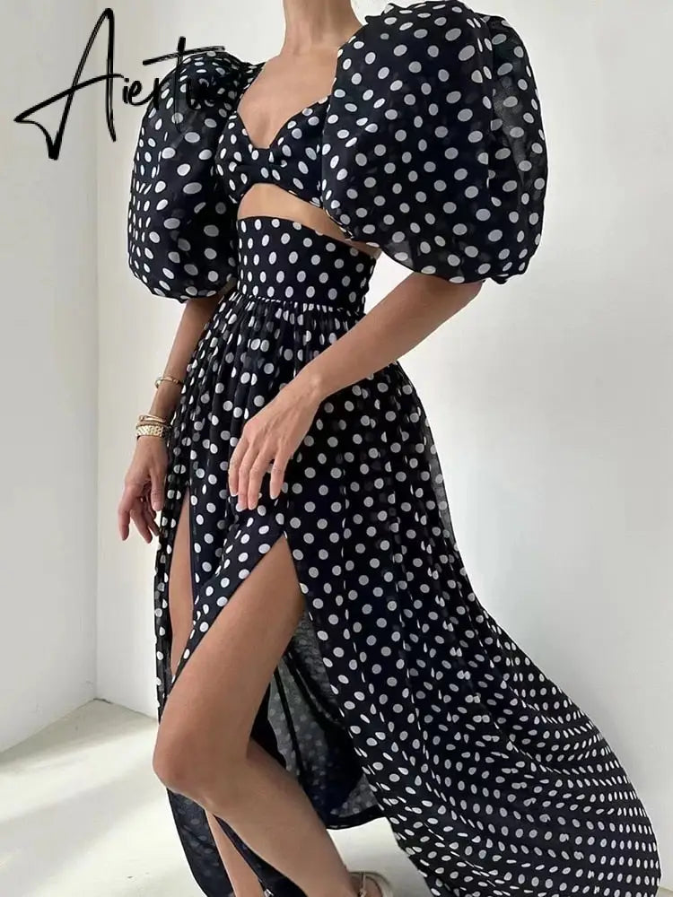 Print Slim Sets For Women Square Collar Puff Sleeve Tops High Waist Split Thigh Skirts Hollow Out Set Female Fashion New Aiertu