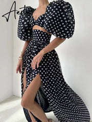 Print Slim Sets For Women Square Collar Puff Sleeve Tops High Waist Split Thigh Skirts Hollow Out Set Female Fashion New Aiertu