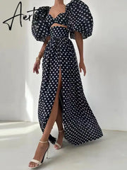 Print Slim Sets For Women Square Collar Puff Sleeve Tops High Waist Split Thigh Skirts Hollow Out Set Female Fashion New Aiertu