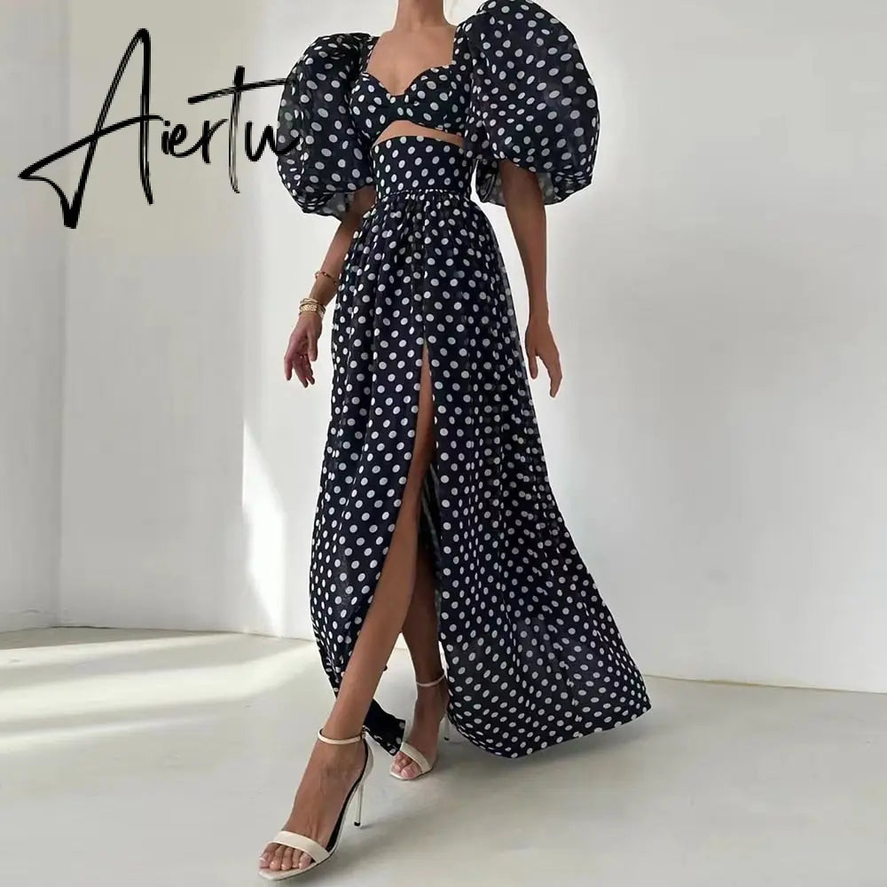 Print Slim Sets For Women Square Collar Puff Sleeve Tops High Waist Split Thigh Skirts Hollow Out Set Female Fashion New Aiertu