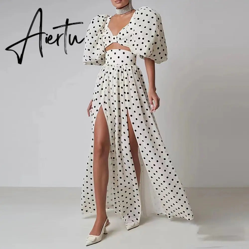 Print Slim Sets For Women Square Collar Puff Sleeve Tops High Waist Split Thigh Skirts Hollow Out Set Female Fashion New Aiertu
