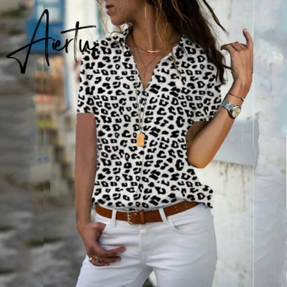 Print V-Neck Chiffon Blouse Women Tops Blouses Summer Elegant Short Sleeve Female Work Shirts Plus Size 5XL Lapel Blusas Aiertu
