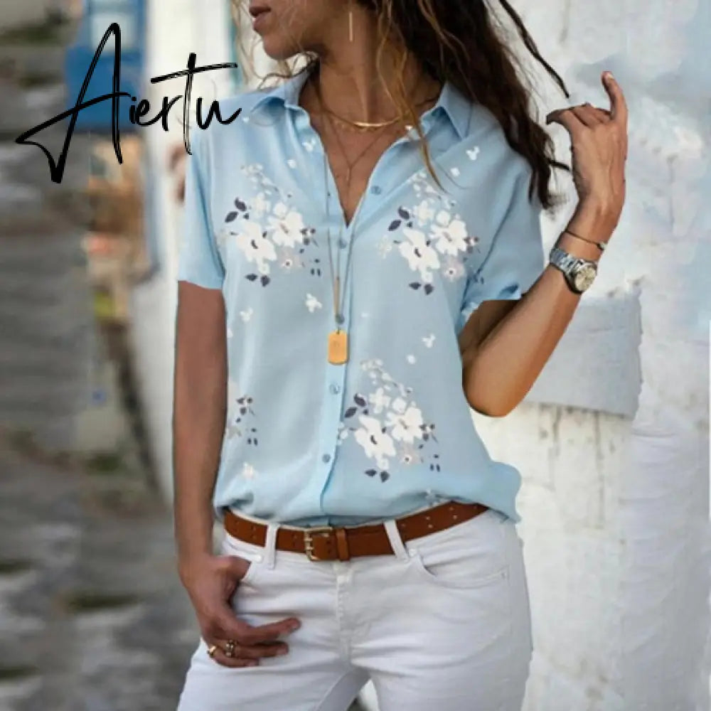 Print V-Neck Chiffon Blouse Women Tops Blouses Summer Elegant Short Sleeve Female Work Shirts Plus Size 5XL Lapel Blusas Aiertu