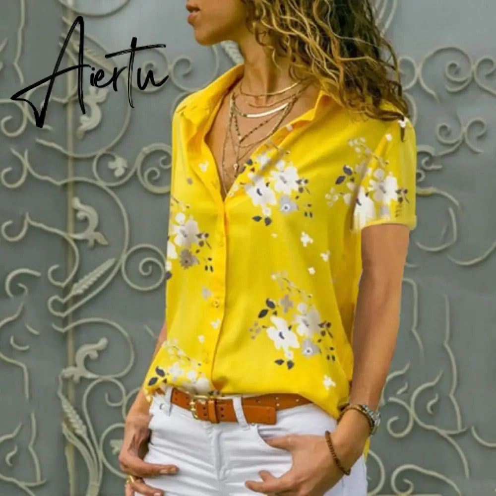 Print V-Neck Chiffon Blouse Women Tops Blouses Summer Elegant Short Sleeve Female Work Shirts Plus Size 5XL Lapel Blusas Aiertu