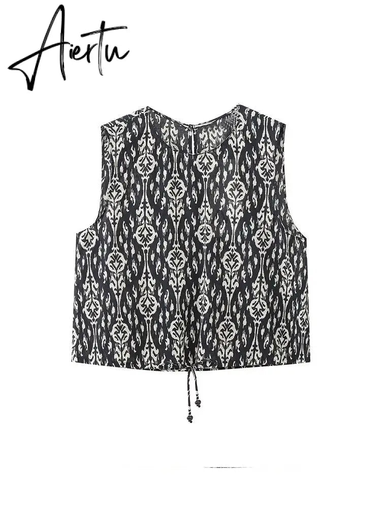 Printed Drawstring Cropped Tops Low Waist Fly Pants Sets Thin Causal Shirts Button Suits Summer Female Sleeveless Outwear Aiertu