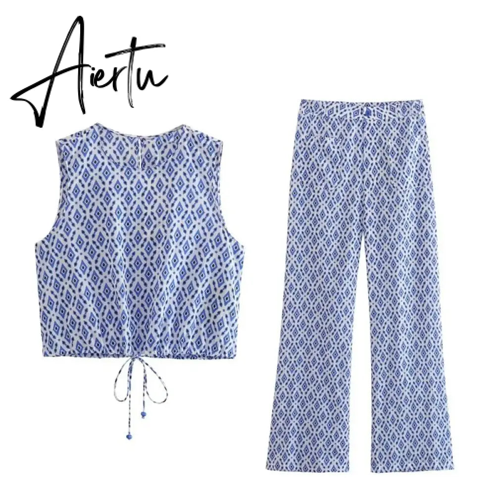 Printed Drawstring Cropped Tops Low Waist Fly Pants Sets Thin Causal Shirts Button Suits Summer Female Sleeveless Outwear Aiertu