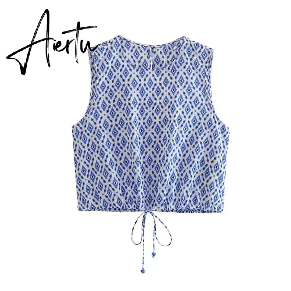 Printed Drawstring Cropped Tops Low Waist Fly Pants Sets Thin Causal Shirts Button Suits Summer Female Sleeveless Outwear Aiertu