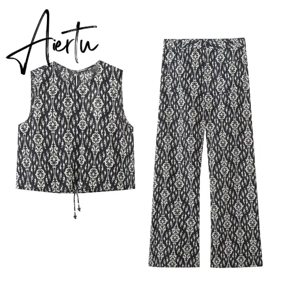 Printed Drawstring Cropped Tops Low Waist Fly Pants Sets Thin Causal Shirts Button Suits Summer Female Sleeveless Outwear Aiertu