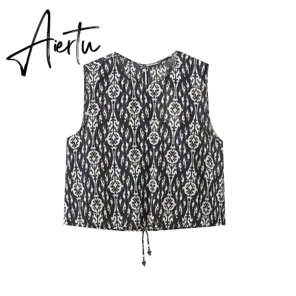 Printed Drawstring Cropped Tops Low Waist Fly Pants Sets Thin Causal Shirts Button Suits Summer Female Sleeveless Outwear Aiertu