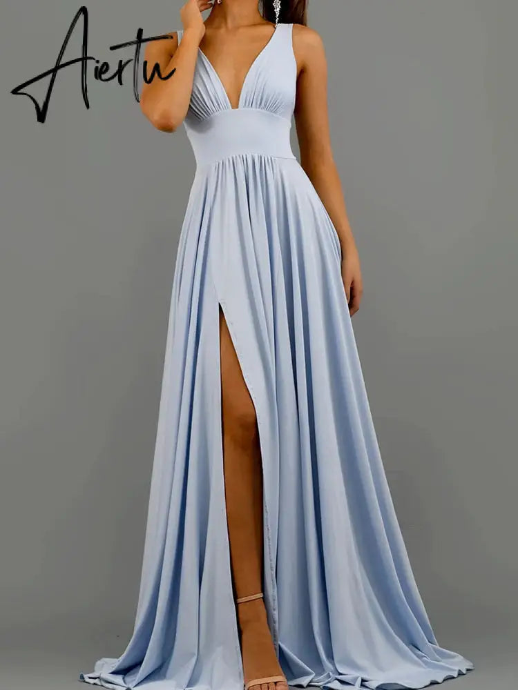 Prom Dress Women'S Clothing Elegant V-neck Solid Color Dress Sling Backless Pink Dress Slit Big Swing Evening Blue Dress Summer Aiertu