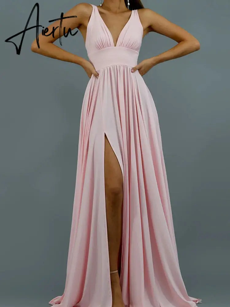 Prom Dress Women'S Clothing Elegant V-neck Solid Color Dress Sling Backless Pink Dress Slit Big Swing Evening Blue Dress Summer Aiertu