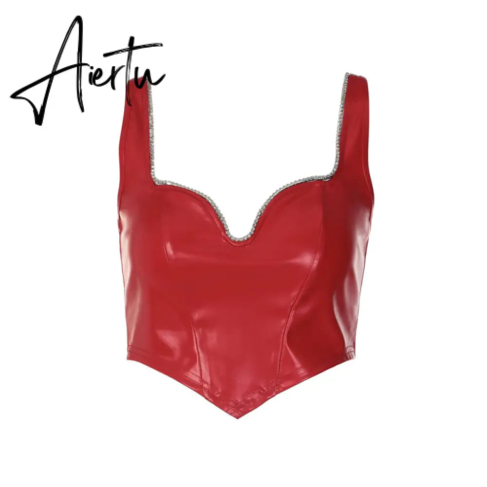 Pu Diamond Decorate Solid Strap Crop Top Fashion Women Cute Elegant Streetwear Party Club Corset Y2K Clothing Aiertu