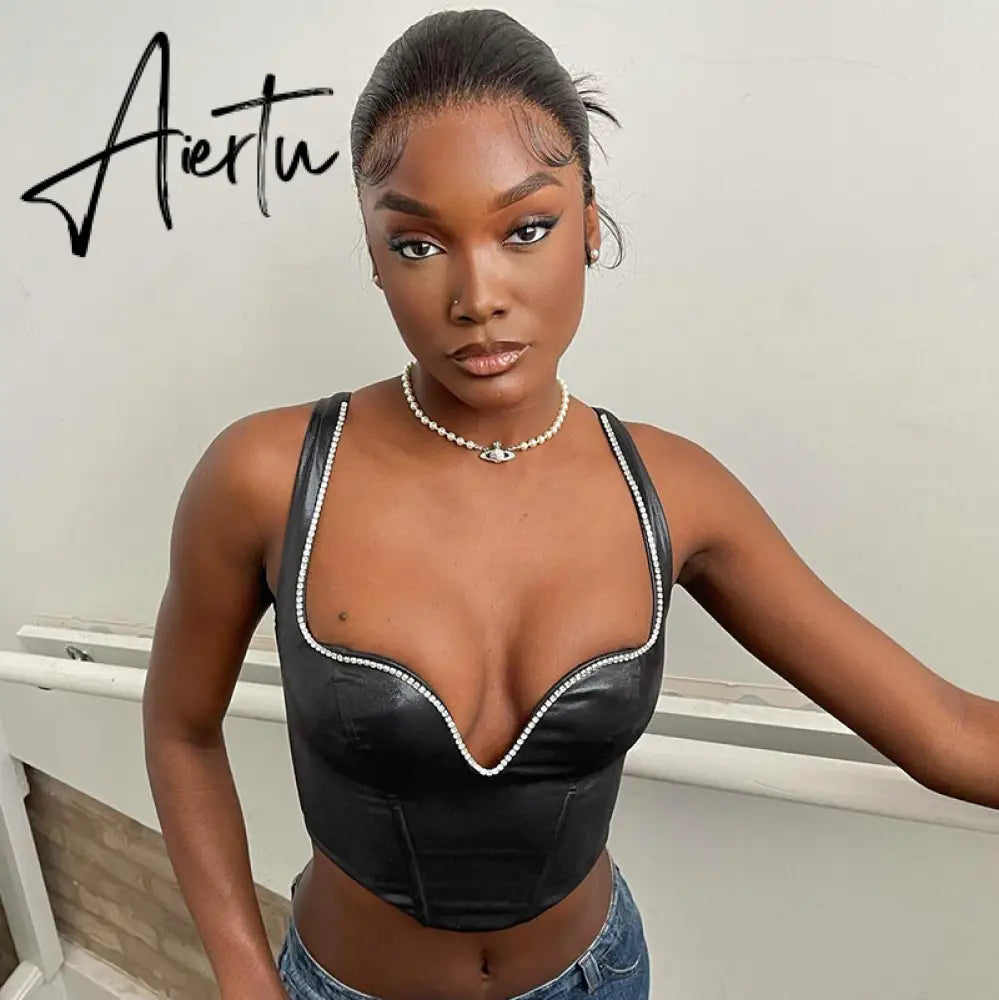 Pu Diamond Decorate Solid Strap Crop Top Fashion Women Cute Elegant Streetwear Party Club Corset Y2K Clothing Aiertu