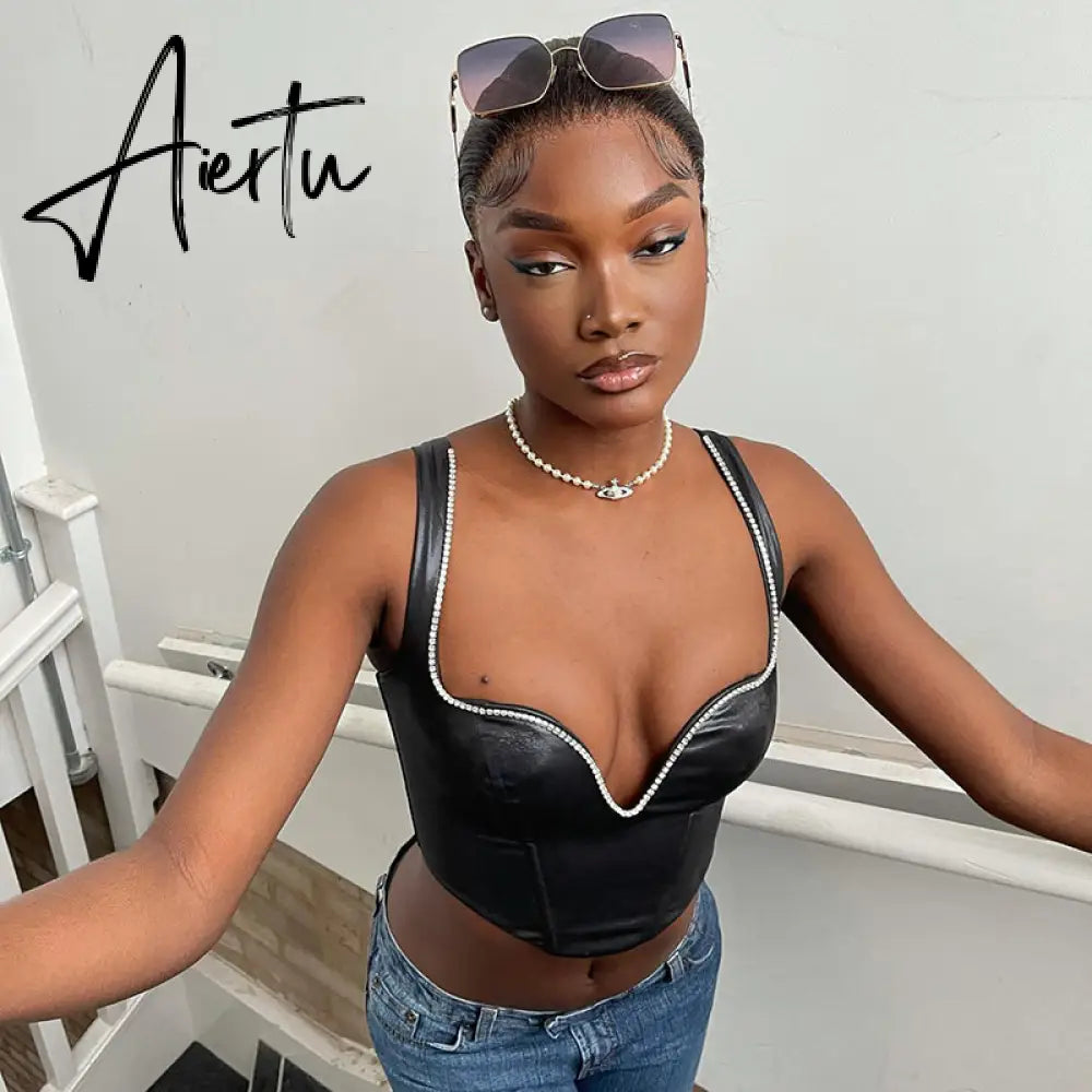 Pu Diamond Decorate Solid Strap Crop Top Fashion Women Cute Elegant Streetwear Party Club Corset Y2K Clothing Aiertu