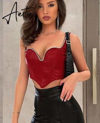Pu Diamond Decorate Solid Strap Crop Top Fashion Women Cute Elegant Streetwear Party Club Corset Y2K Clothing Aiertu