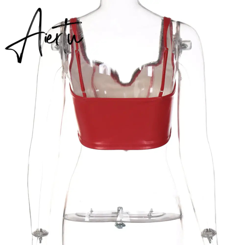 Pu Diamond Decorate Solid Strap Crop Top Fashion Women Cute Elegant Streetwear Party Club Corset Y2K Clothing Aiertu