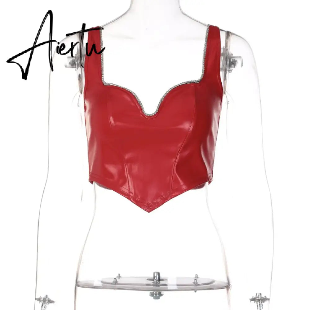 Pu Diamond Decorate Solid Strap Crop Top Fashion Women Cute Elegant Streetwear Party Club Corset Y2K Clothing Aiertu