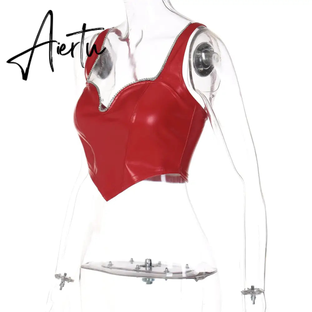 Pu Diamond Decorate Solid Strap Crop Top Fashion Women Cute Elegant Streetwear Party Club Corset Y2K Clothing Aiertu