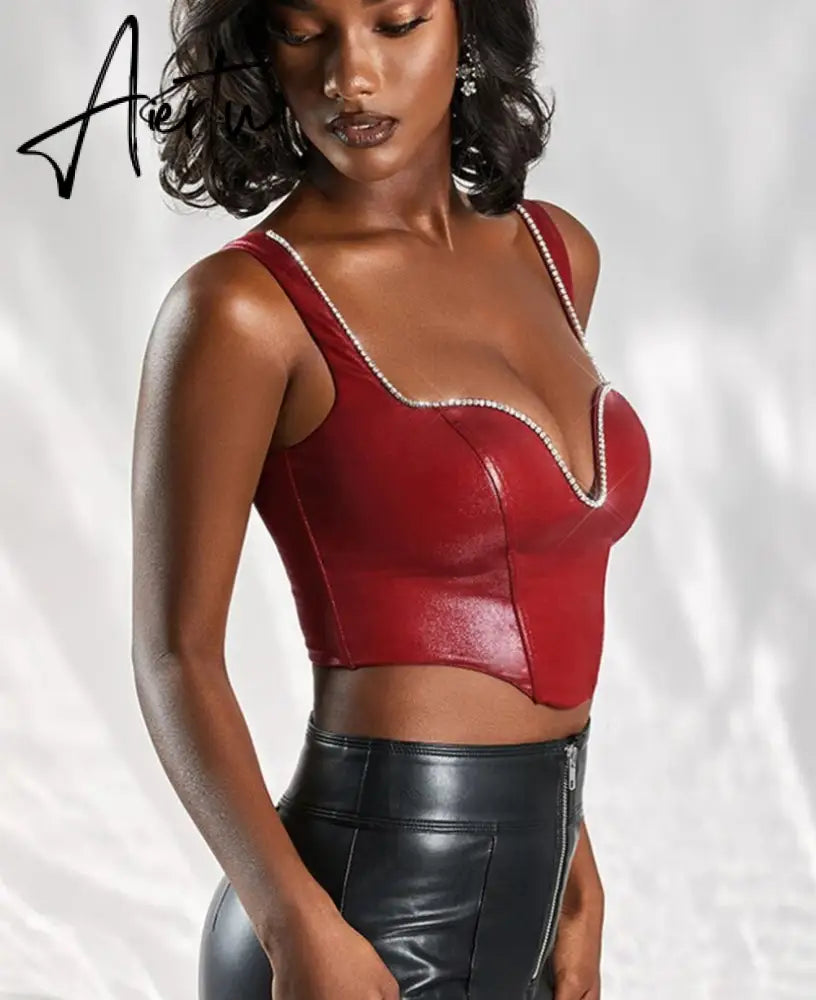 Pu Diamond Decorate Solid Strap Crop Top Fashion Women Cute Elegant Streetwear Party Club Corset Y2K Clothing Aiertu