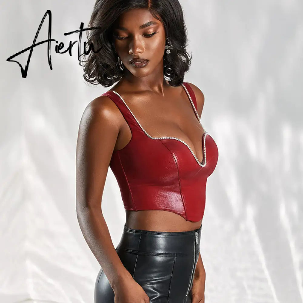 Pu Diamond Decorate Solid Strap Crop Top Fashion Women Cute Elegant Streetwear Party Club Corset Y2K Clothing Aiertu