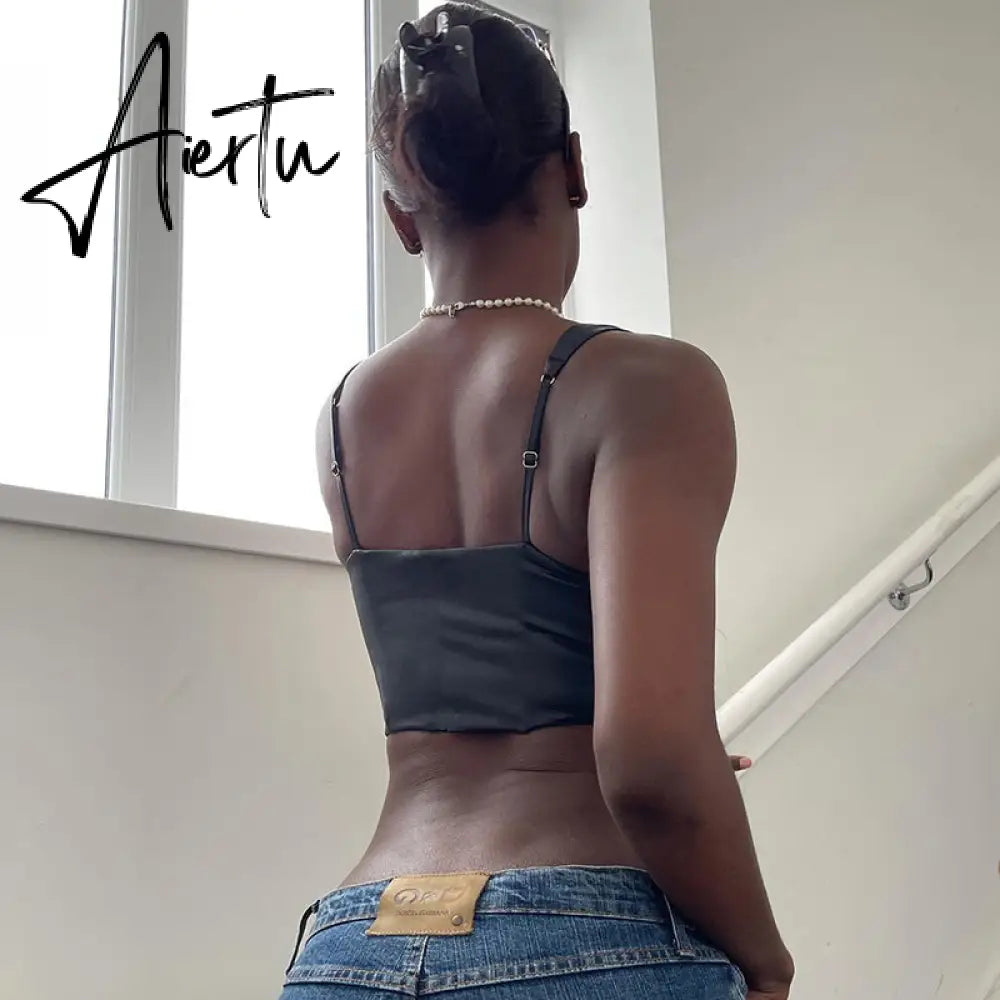 Pu Diamond Decorate Solid Strap Crop Top Fashion Women Cute Elegant Streetwear Party Club Corset Y2K Clothing Aiertu