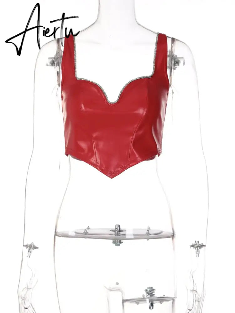 Pu Diamond Decorate Solid Strap Crop Top Fashion Women Cute Elegant Streetwear Party Club Corset Y2K Clothing Aiertu