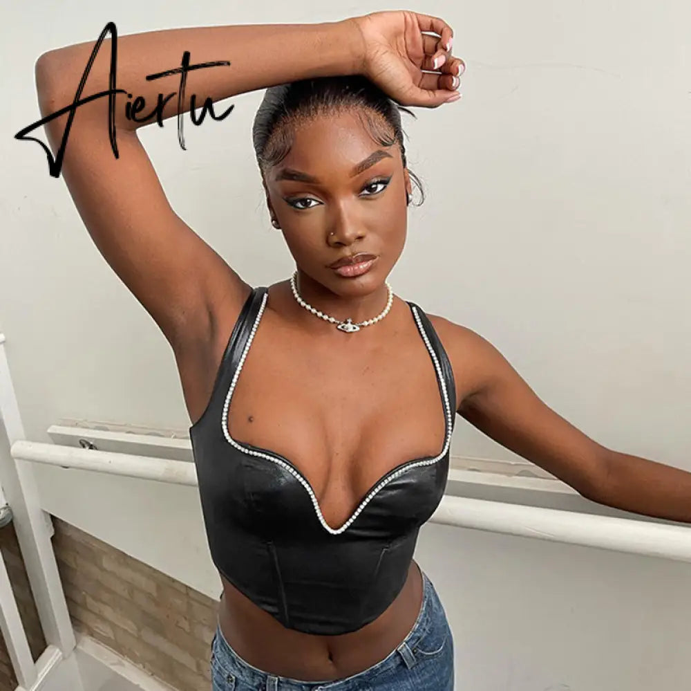 Pu Diamond Decorate Solid Strap Crop Top Fashion Women Cute Elegant Streetwear Party Club Corset Y2K Clothing Aiertu
