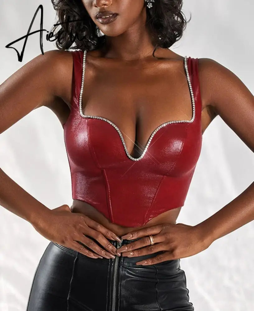 Pu Diamond Decorate Solid Strap Crop Top Fashion Women Cute Elegant Streetwear Party Club Corset Y2K Clothing Aiertu