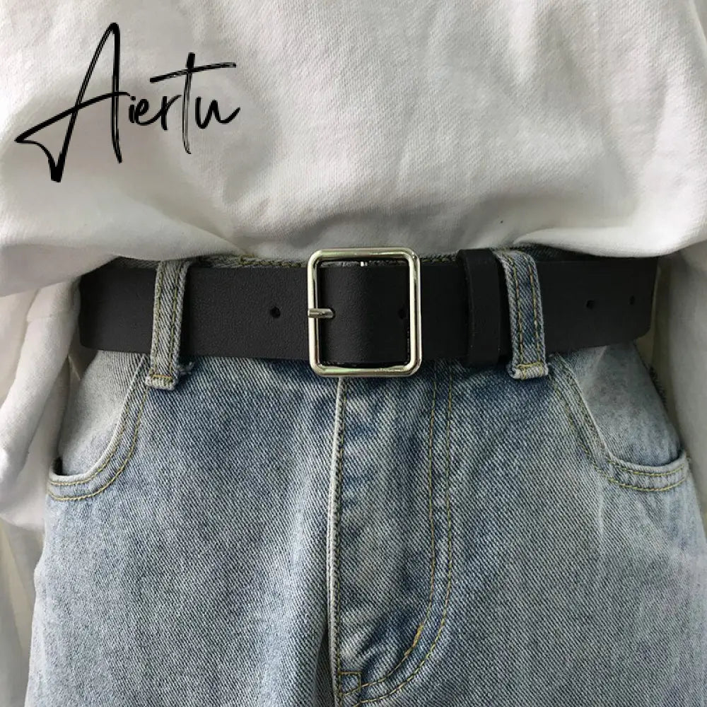 PU Leather Belt Women Square Buckle Metal Pin Buckle Jeans Black Belt Chic Luxury Brand Vintage Belt Female Aiertu