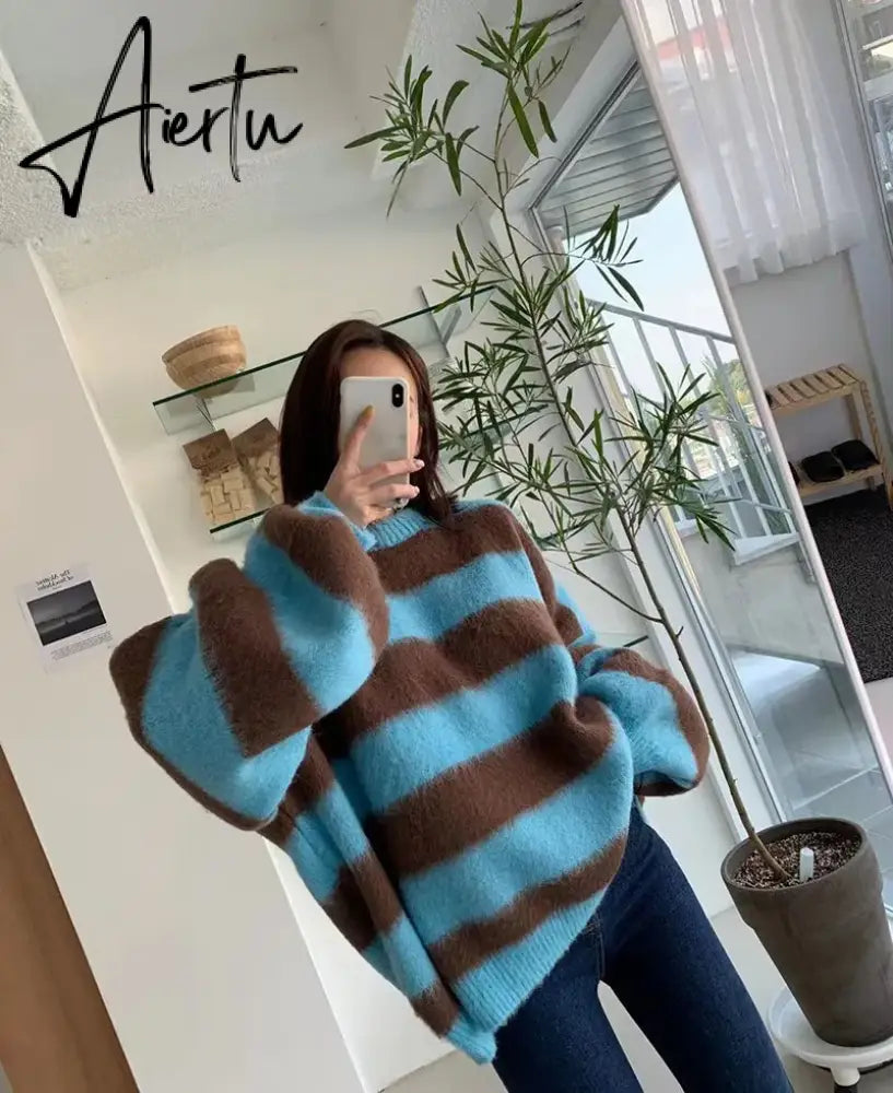 Puff Sleeve Knitted Sweater Women Korean Striped Vintage Pullover Ladies Tops Women's Clothing Round Neck Autumn Winter Jumper Aiertu