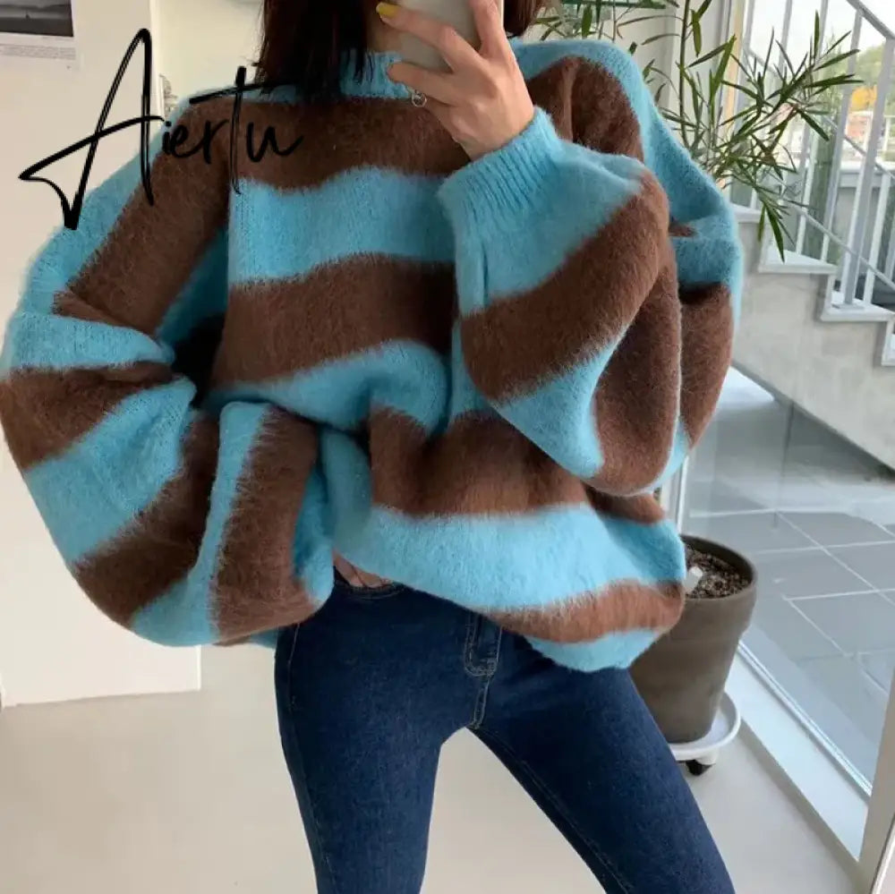 Puff Sleeve Knitted Sweater Women Korean Striped Vintage Pullover Ladies Tops Women's Clothing Round Neck Autumn Winter Jumper Aiertu