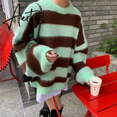 Puff Sleeve Knitted Sweater Women Korean Striped Vintage Pullover Ladies Tops Women's Clothing Round Neck Autumn Winter Jumper Aiertu