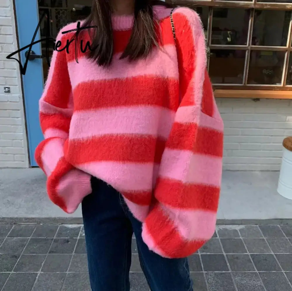 Puff Sleeve Knitted Sweater Women Korean Striped Vintage Pullover Ladies Tops Women's Clothing Round Neck Autumn Winter Jumper Aiertu