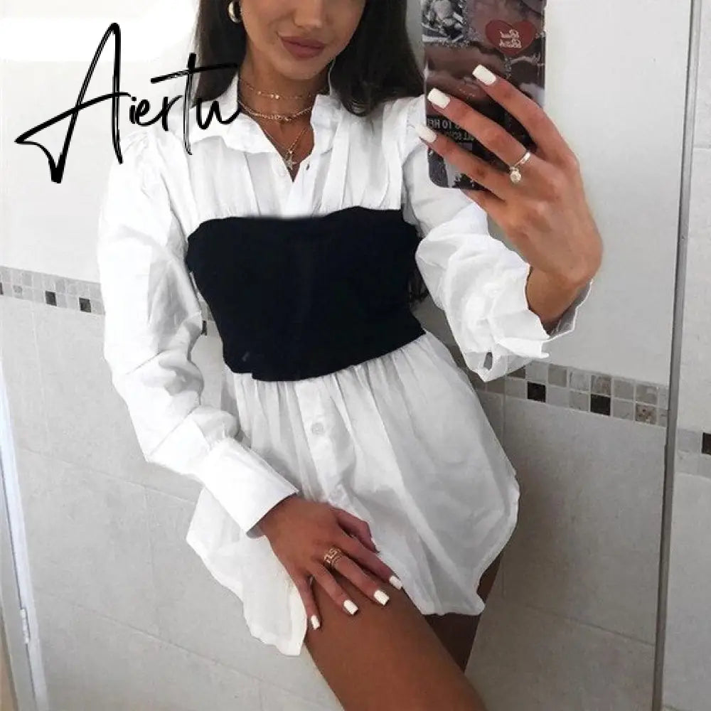 Puff Sleeve Sexy Mini Dress Women Casual Party Rib Shirt Patchwork Spring Long Sleeve Wrap A-Line Woman Dress Aiertu