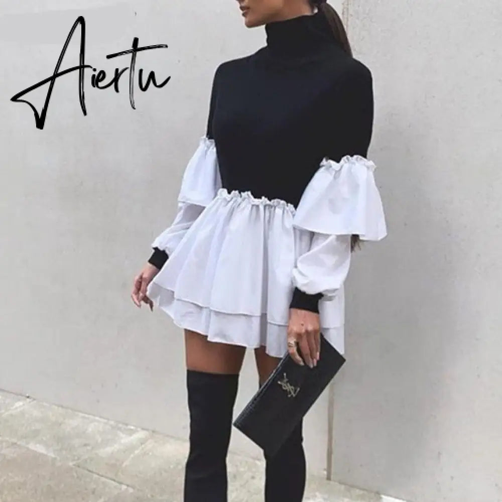 Puff Sleeve Sexy Mini Dress Women Casual Party Rib Shirt Patchwork Spring Long Sleeve Wrap A-Line Woman Dress Aiertu