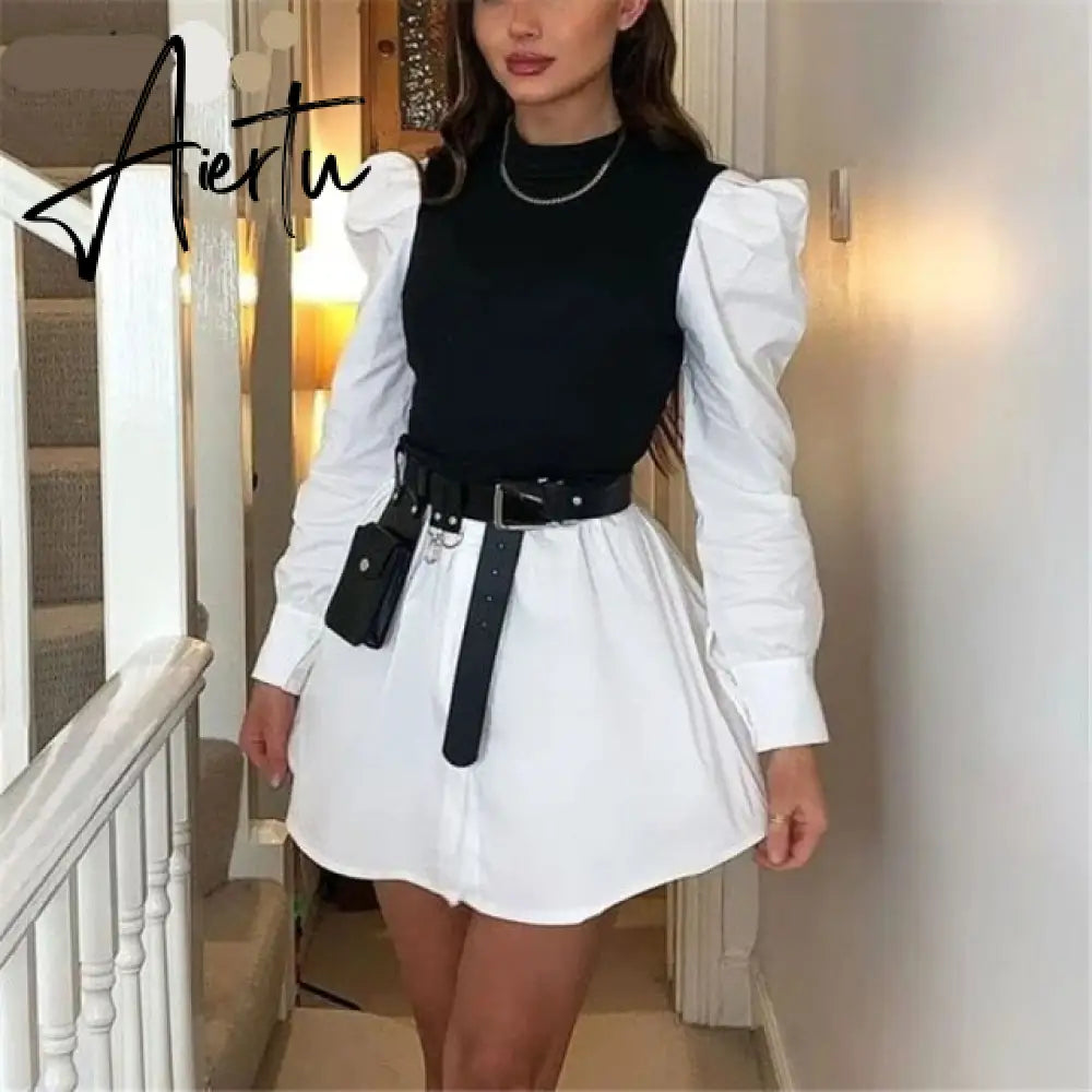 Puff Sleeve Sexy Mini Dress Women Casual Party Rib Shirt Patchwork Spring Long Sleeve Wrap A-Line Woman Dress Aiertu