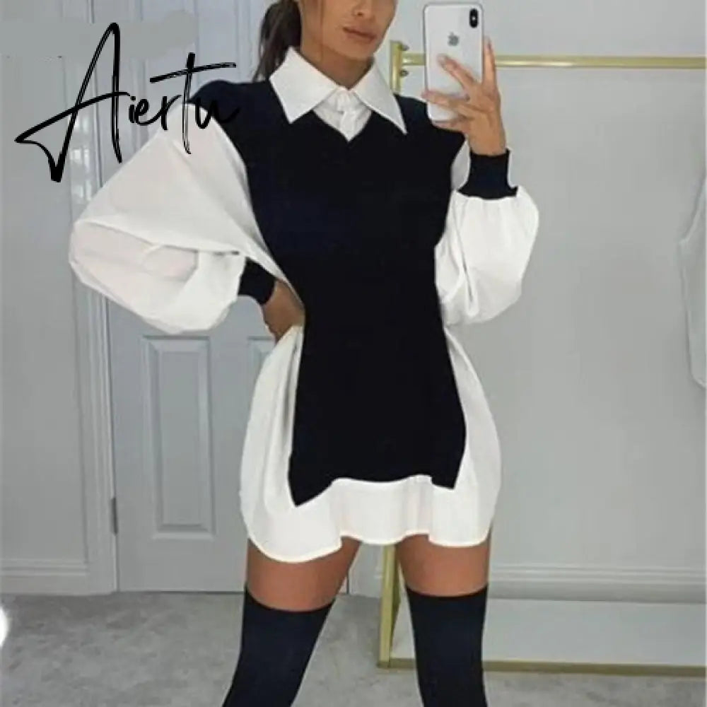 Puff Sleeve Sexy Mini Dress Women Casual Party Rib Shirt Patchwork Spring Long Sleeve Wrap A-Line Woman Dress Aiertu