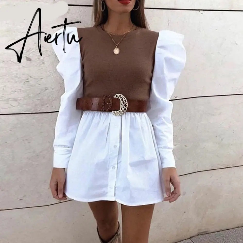 Puff Sleeve Sexy Mini Dress Women Casual Party Rib Shirt Patchwork Spring Long Sleeve Wrap A-Line Woman Dress Aiertu