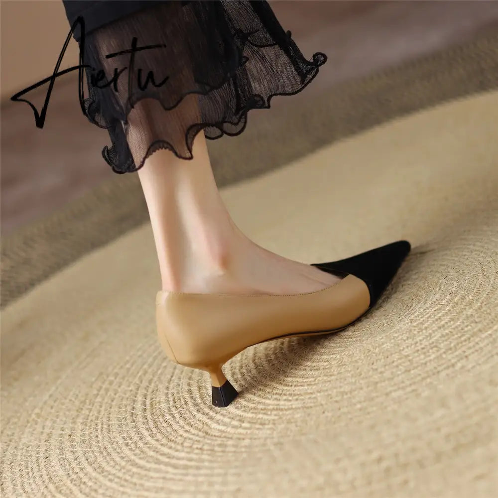 Pumps Shoes Women Mid Heel Fashion Sexy Spring Sheepskin Pointed Toe Thin Heel Office Party Black Handmade Shoe Big Size 42 Aiertu