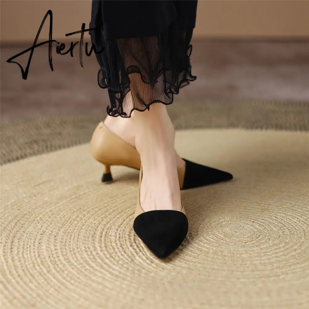 Pumps Shoes Women Mid Heel Fashion Sexy Spring Sheepskin Pointed Toe Thin Heel Office Party Black Handmade Shoe Big Size 42 Aiertu