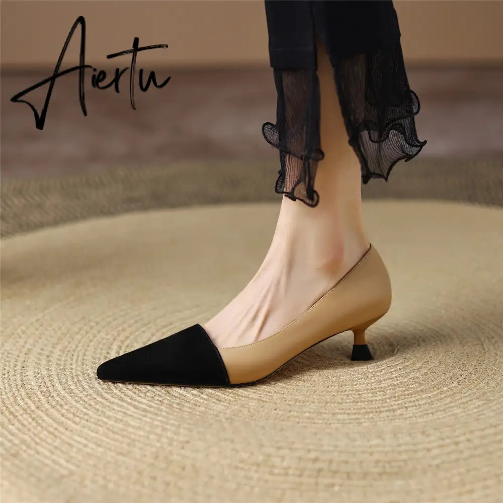 Pumps Shoes Women Mid Heel Fashion Sexy Spring Sheepskin Pointed Toe Thin Heel Office Party Black Handmade Shoe Big Size 42 Aiertu