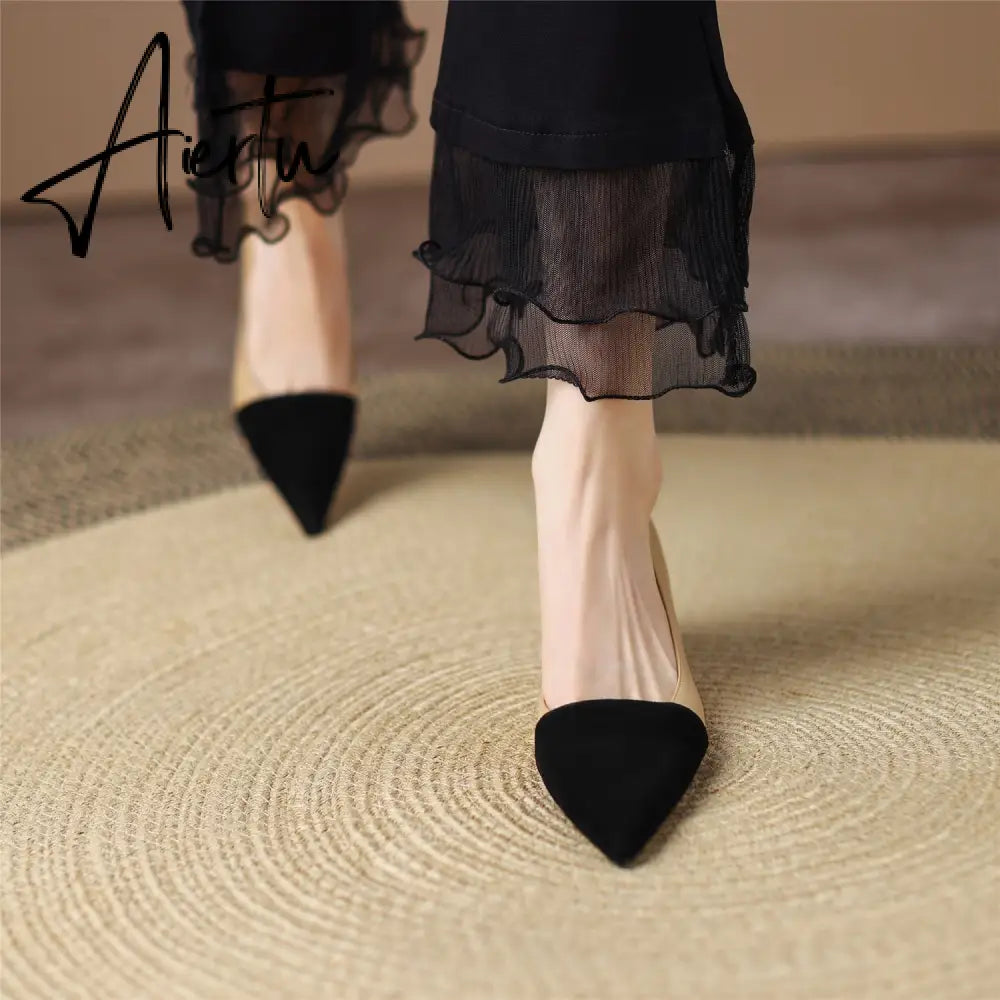 Pumps Shoes Women Mid Heel Fashion Sexy Spring Sheepskin Pointed Toe Thin Heel Office Party Black Handmade Shoe Big Size 42 Aiertu