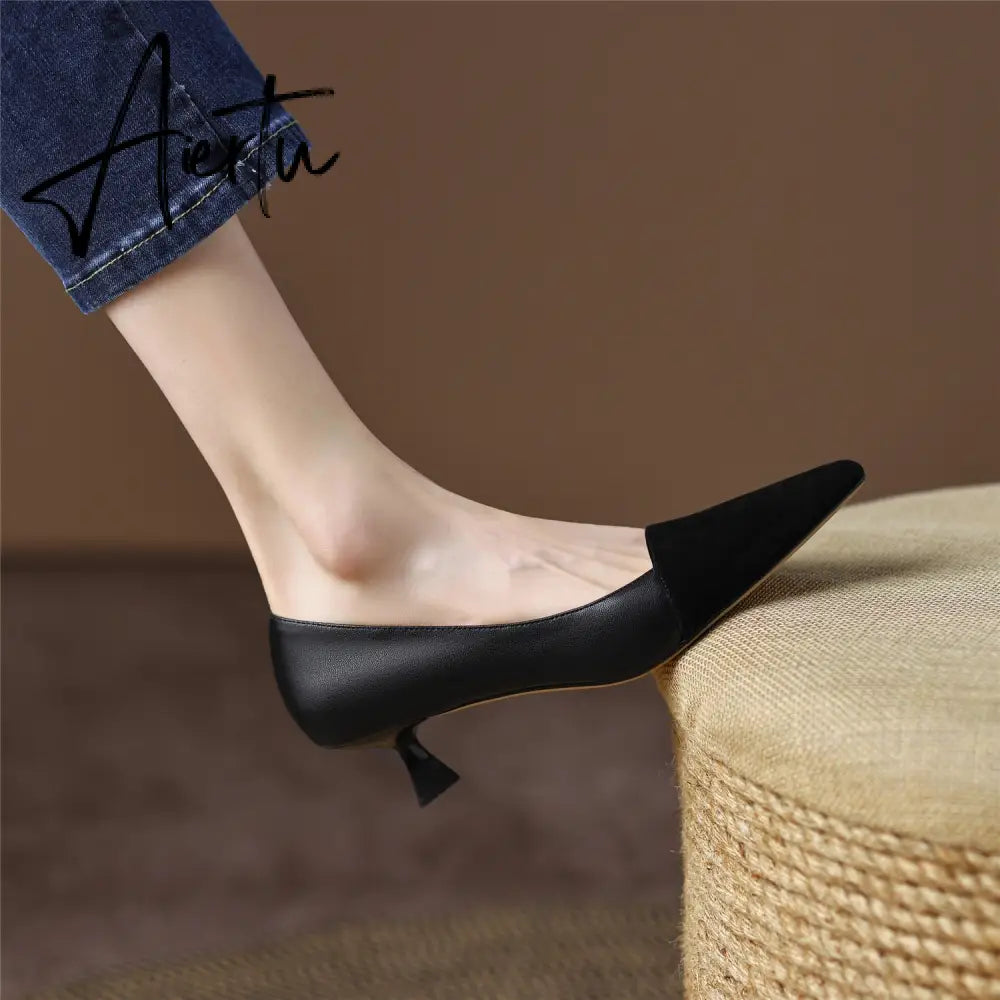Pumps Shoes Women Mid Heel Fashion Sexy Spring Sheepskin Pointed Toe Thin Heel Office Party Black Handmade Shoe Big Size 42 Aiertu
