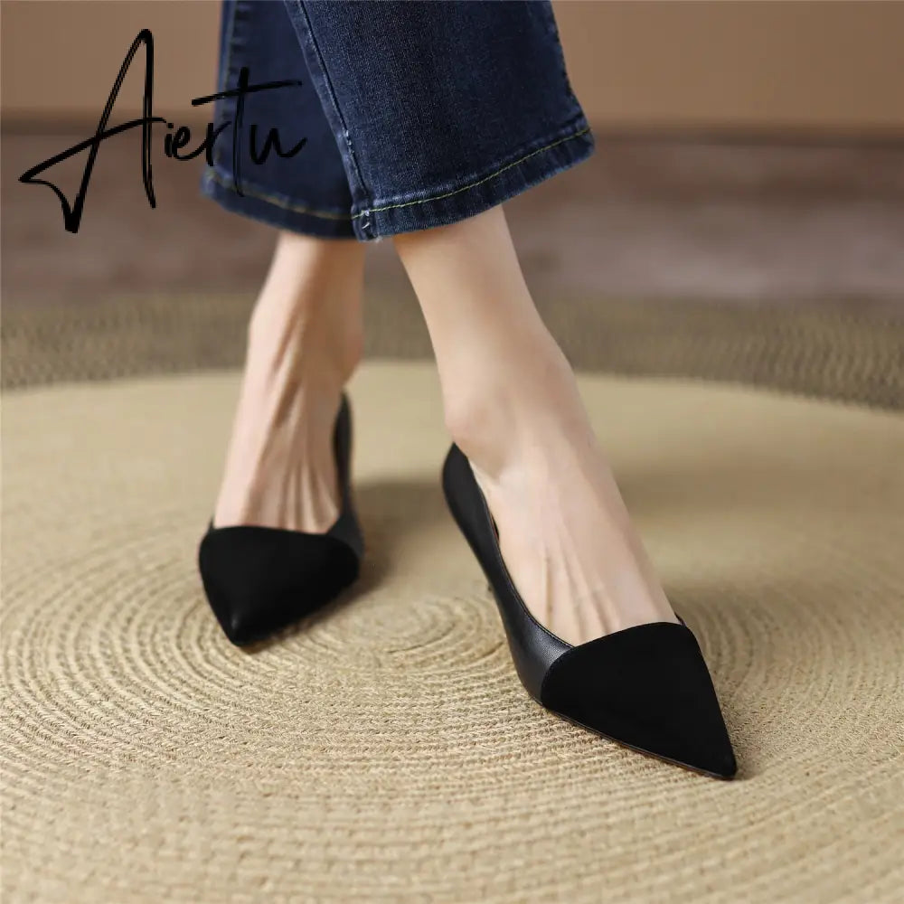 Pumps Shoes Women Mid Heel Fashion Sexy Spring Sheepskin Pointed Toe Thin Heel Office Party Black Handmade Shoe Big Size 42 Aiertu