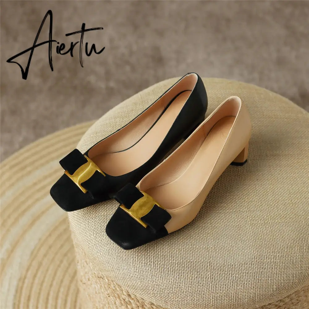 Pumps Shoes Women Mid Heel Spring Sheepskin Square Toe Thin Heel Metal Decoration Party Black Handmade Shoe Big Size 42 Aiertu