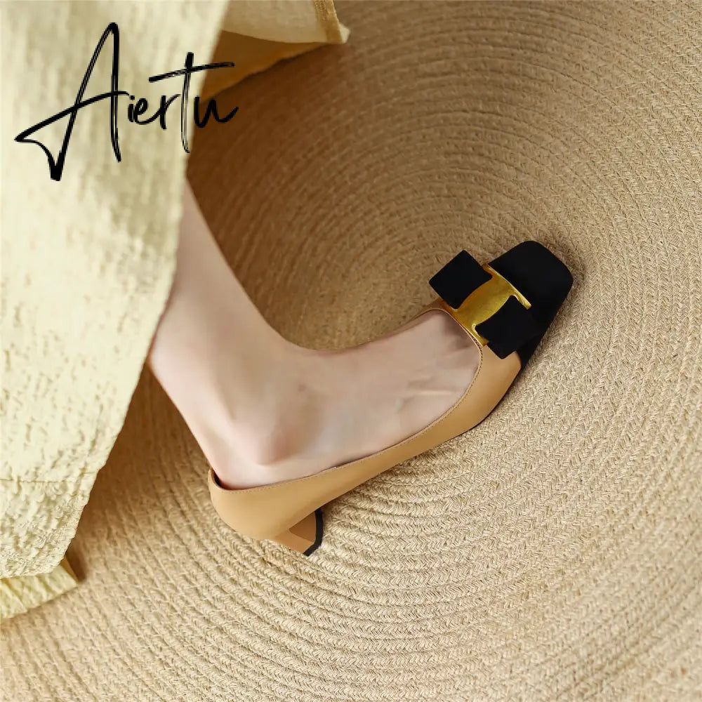 Pumps Shoes Women Mid Heel Spring Sheepskin Square Toe Thin Heel Metal Decoration Party Black Handmade Shoe Big Size 42 Aiertu