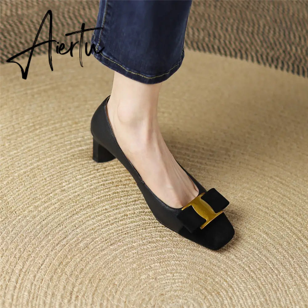 Pumps Shoes Women Mid Heel Spring Sheepskin Square Toe Thin Heel Metal Decoration Party Black Handmade Shoe Big Size 42 Aiertu