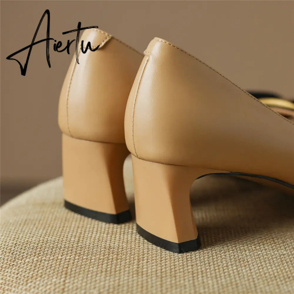 Pumps Shoes Women Mid Heel Spring Sheepskin Square Toe Thin Heel Metal Decoration Party Black Handmade Shoe Big Size 42 Aiertu