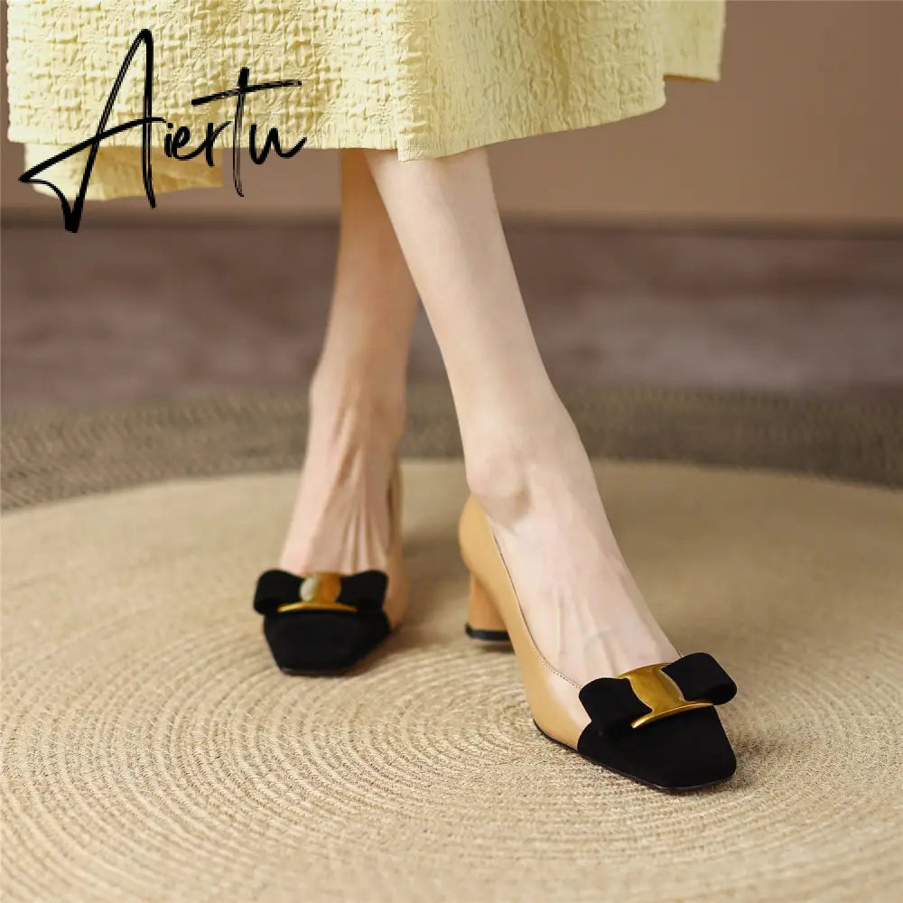 Pumps Shoes Women Mid Heel Spring Sheepskin Square Toe Thin Heel Metal Decoration Party Black Handmade Shoe Big Size 42 Aiertu