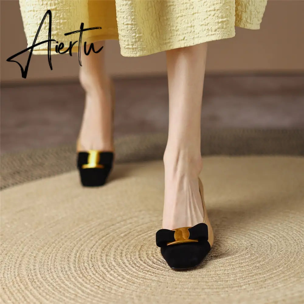 Pumps Shoes Women Mid Heel Spring Sheepskin Square Toe Thin Heel Metal Decoration Party Black Handmade Shoe Big Size 42 Aiertu